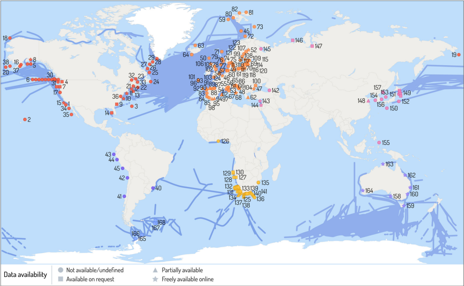 Map of long-term monitoring programs for zooplankton in the global ocean